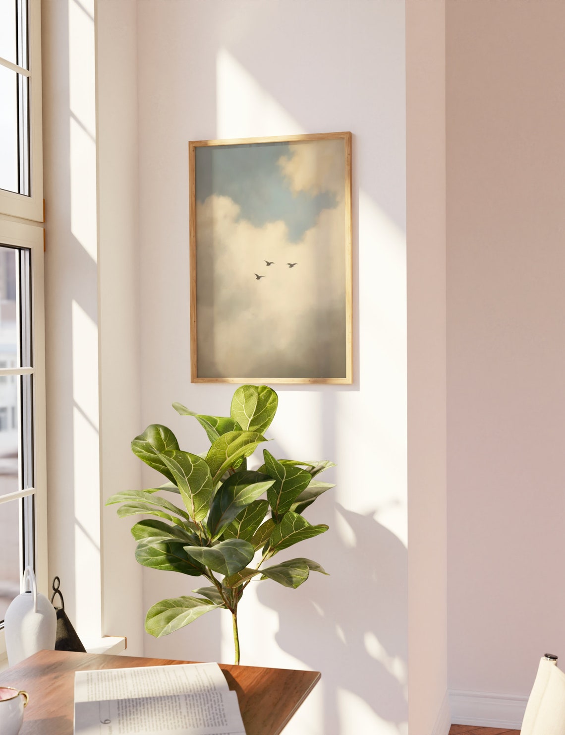 Three Birds Flying Through Cloudy Sky Minimalist Calm Art Poster - Image 3