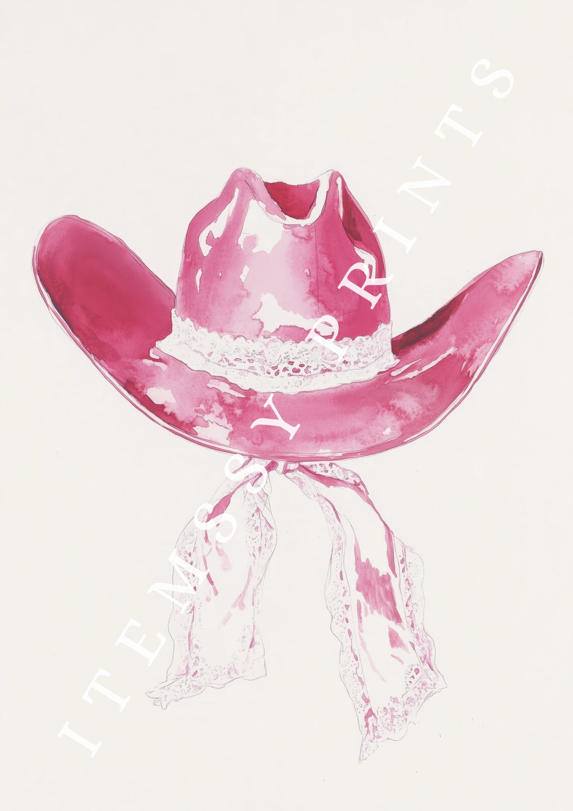 Magenta Cowgirl Hat with Lace Band Watercolor Western Wall Art - Image 2