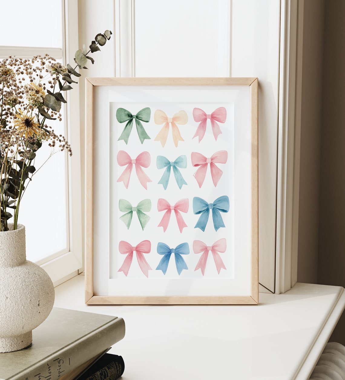 Pastel Watercolor Ribbon Bow Grid Twelve Girly Nursery Art Poster - Image 3