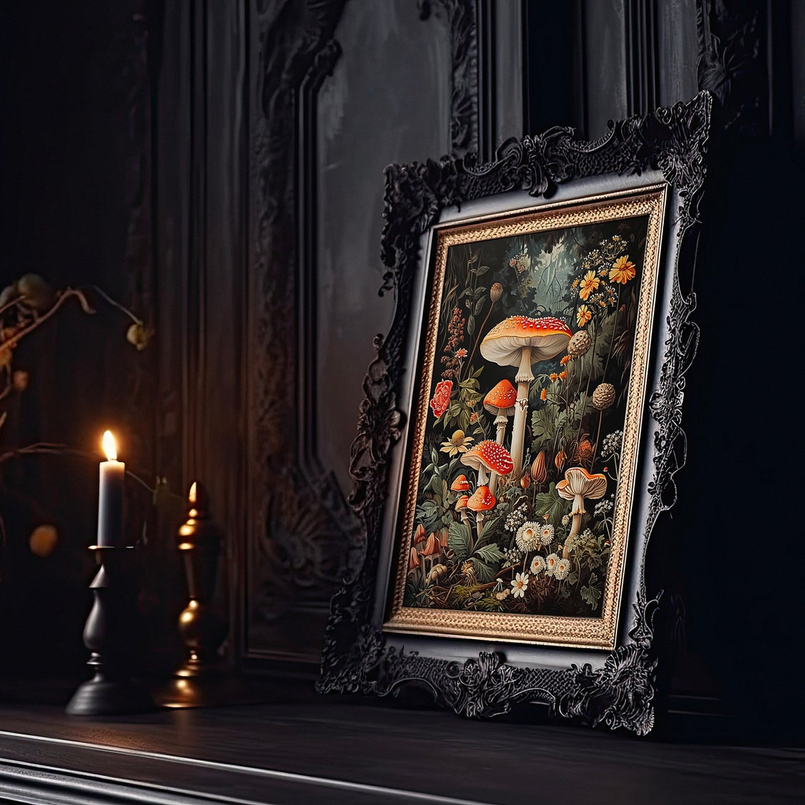 Vintage Mushroom Botanical Art Orange Fly Agaric Wildflower Poster - Image 2