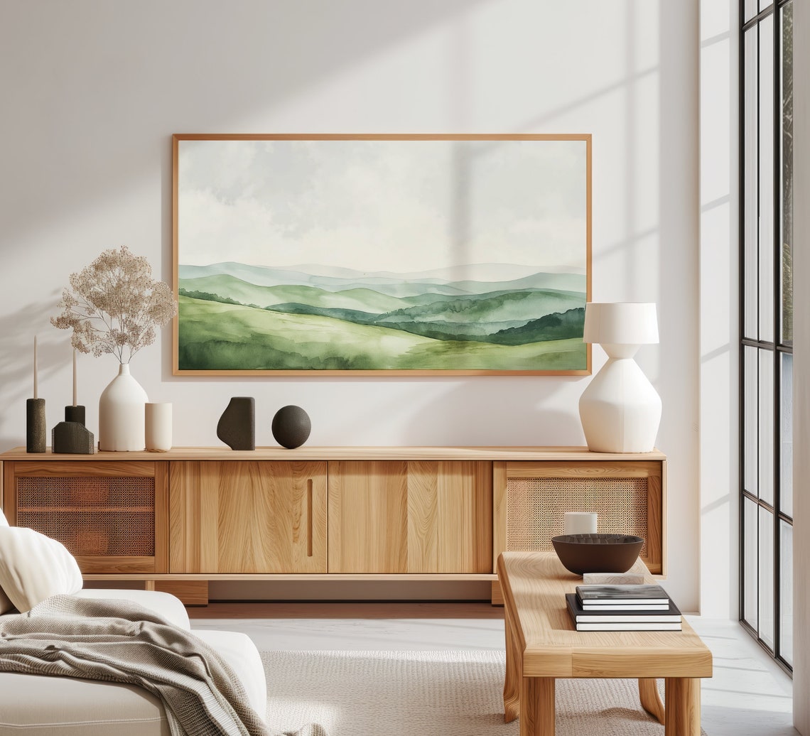 Sage Green Rolling Hills Watercolor Minimalist Mountain Art Poster - Image 3