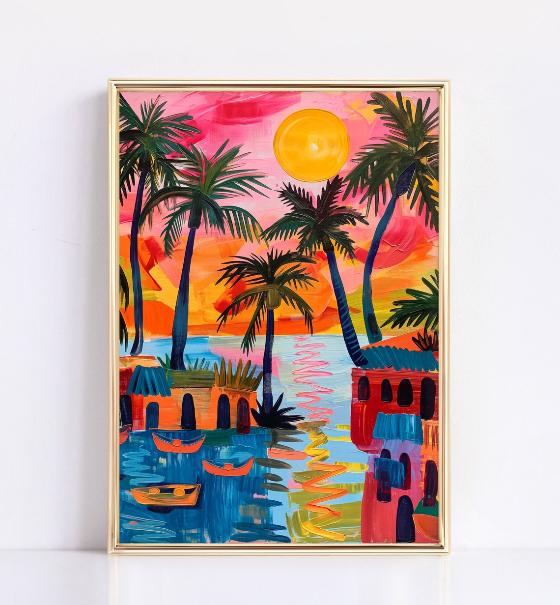 Vibrant Tropical Beach Sunset Palm Trees Boats Colorful Art Poster