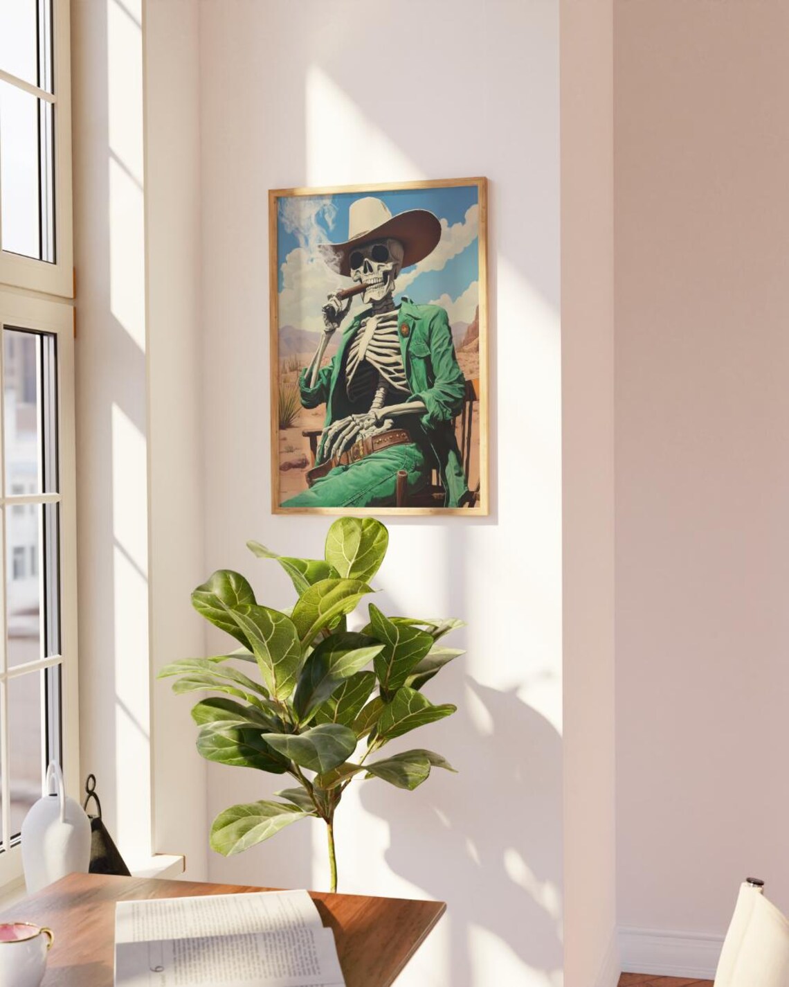 Skeleton Cowboy Smoking Cigar Western Desert Art Print Day of the Dead Decor - Image 2