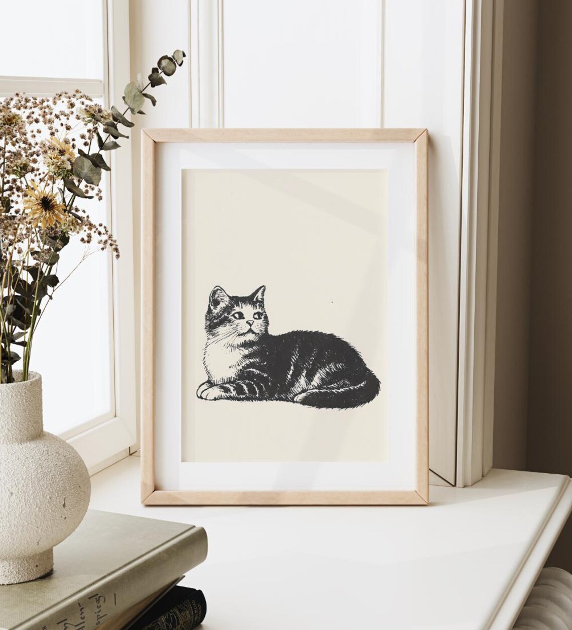 Lounging Tabby Cat Black Ink Sketch Classic Front View Minimal Cat Poster - Image 4