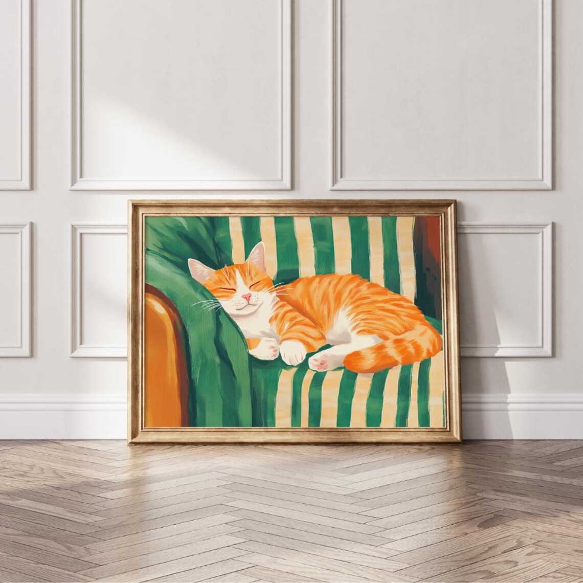 Orange Tabby Cat Napping on Striped Chair Cozy Sleeping Feline Art Poster