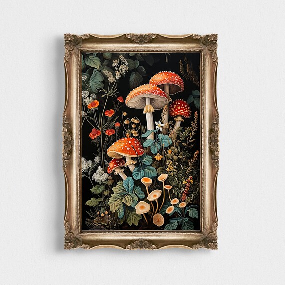 Red Mushroom Botanical Study Dark Academia Cottagecore Print