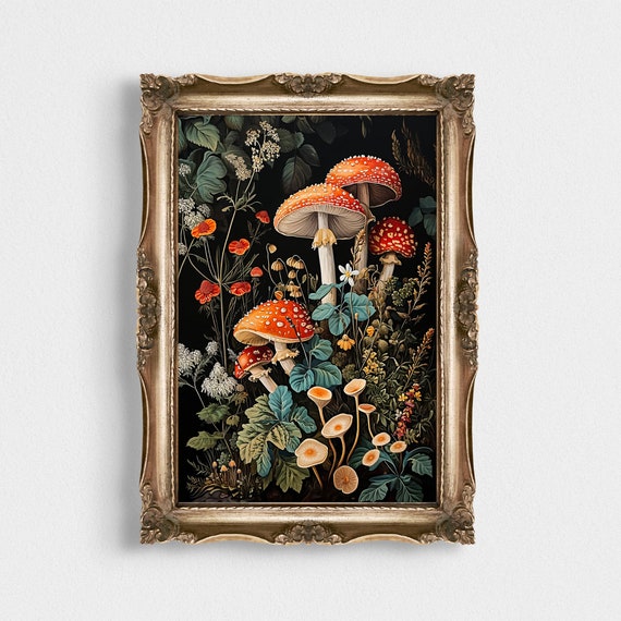 Vintage Lithography Art Print Dark Gothic Decor Cottagecore Style Poster Enchanting Home Decor Dark Mushroom Wall Art