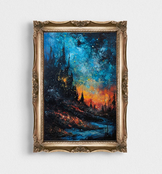 Colorful Fire Landscape Painting Vintage Oil Painting Moody Wall Art Cozy Wall Art Retro House Decor