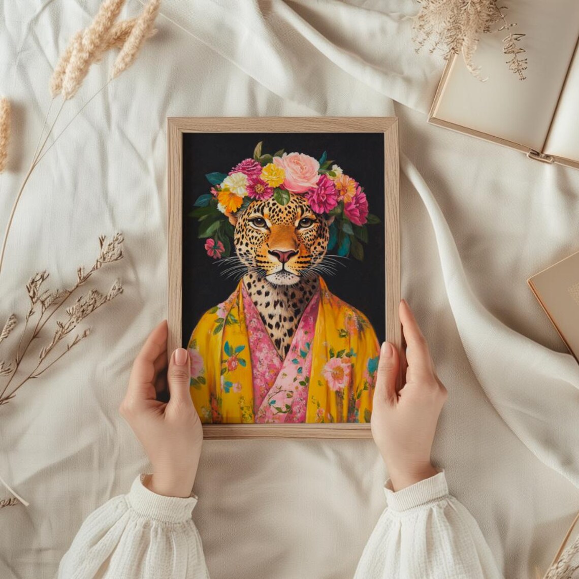 Leopard with a Flower Crown in a Floral Robe Maximalist Poster - Image 2