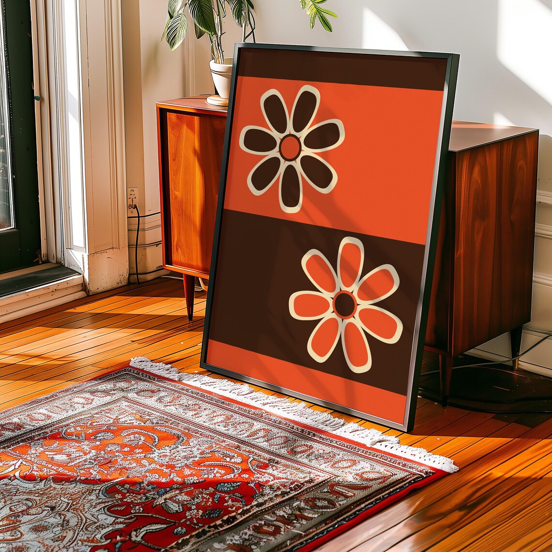 Retro 70s Brown and Orange Daisy Flowers Graphic Floral Poster