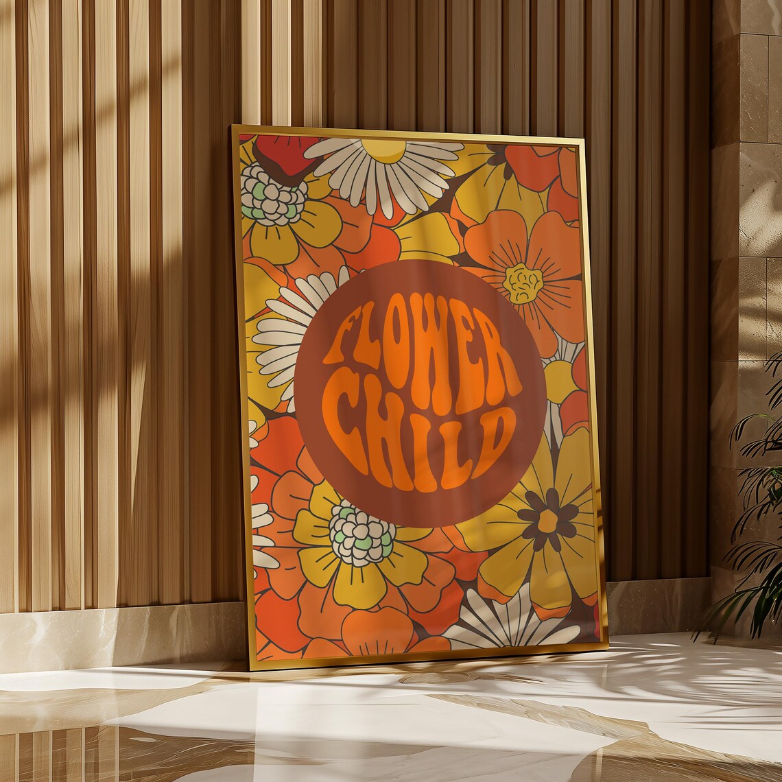Bold Flower Child Retro 70s Floral Hippie Typography Art Poster