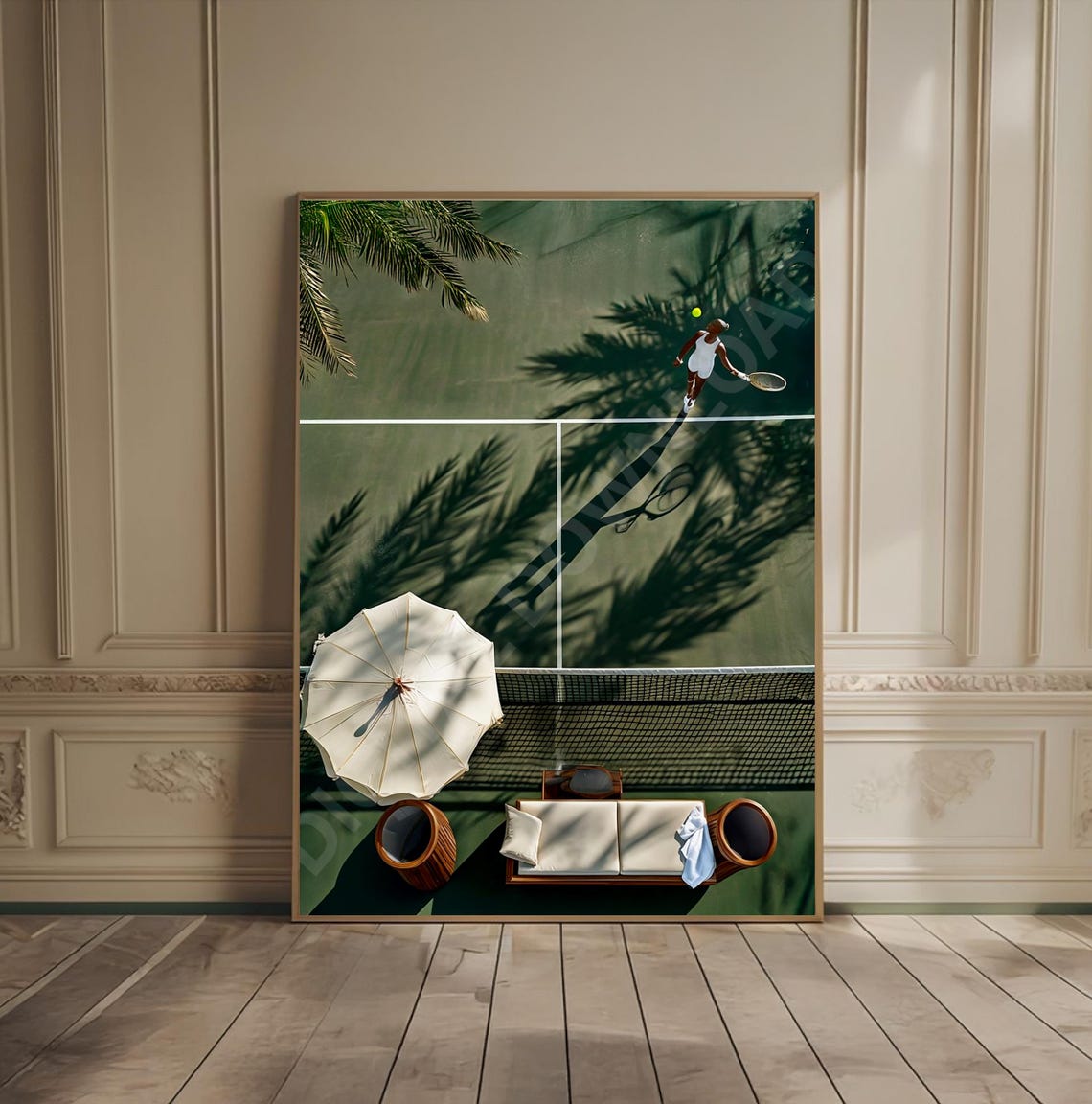 Aerial View Tennis Player on Green Palm Court Luxury Sports Poster