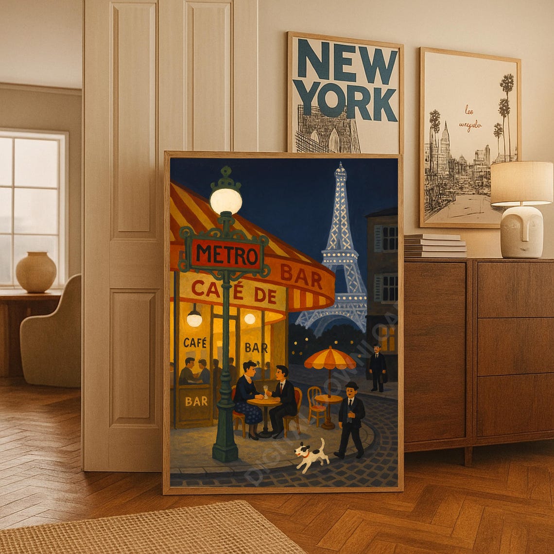 Parisian Cafe at Night Poster with Eiffel Tower Metro Bar Cityscape