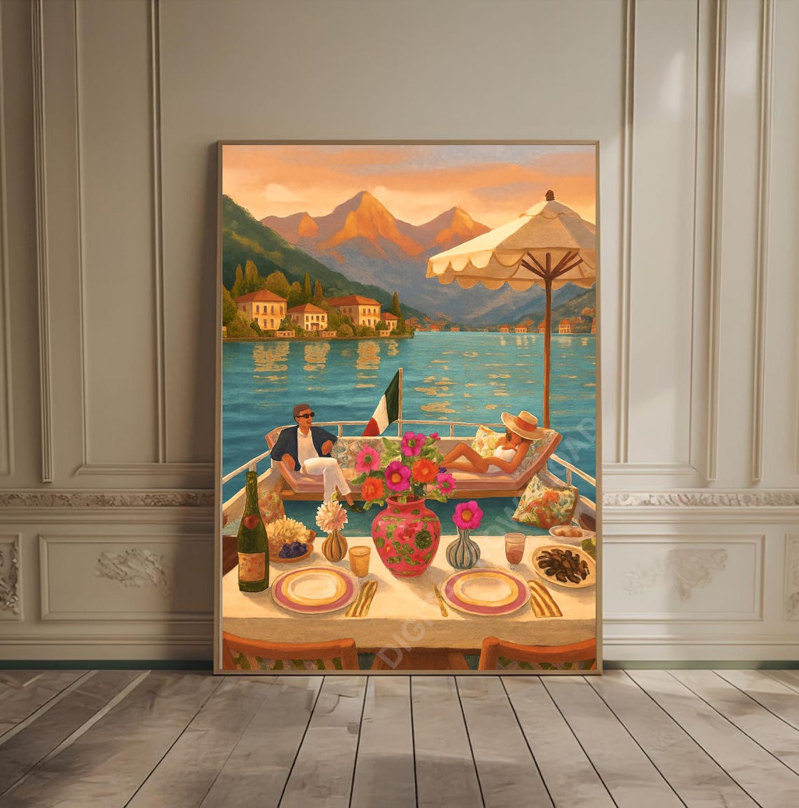Luxury Yacht Oil Painting Luxurious Boat Print Italy Travel Art Lake Como Italian Coastal La Dolce Vita Poster Europe Summer