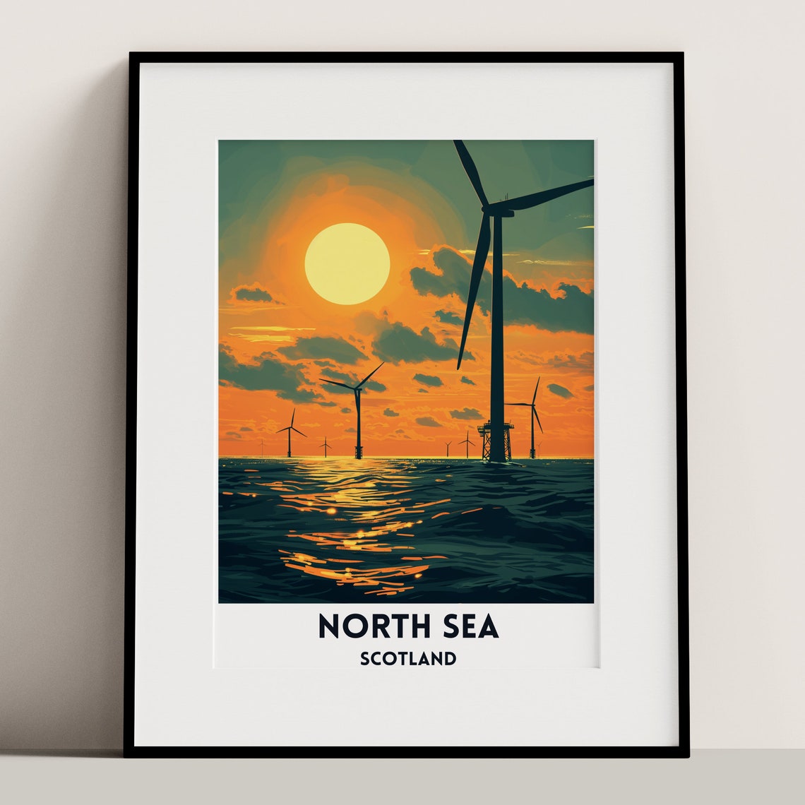 North Sea Scotland Offshore Wind Turbines Orange Sunset Poster