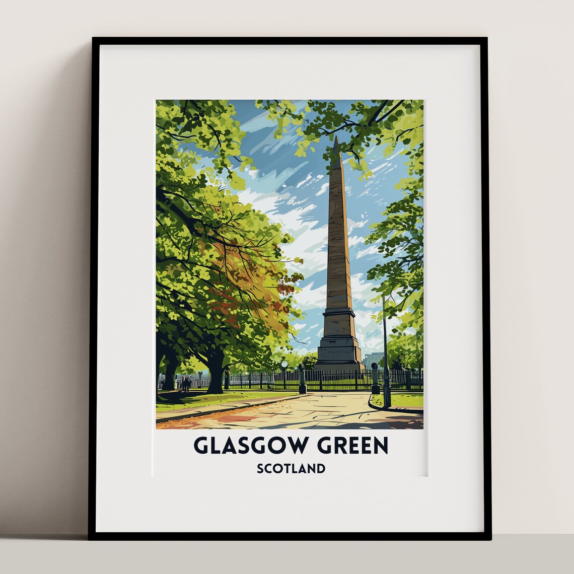 Glasgow Green Scotland Park Monument Leafy Avenue Travel Poster