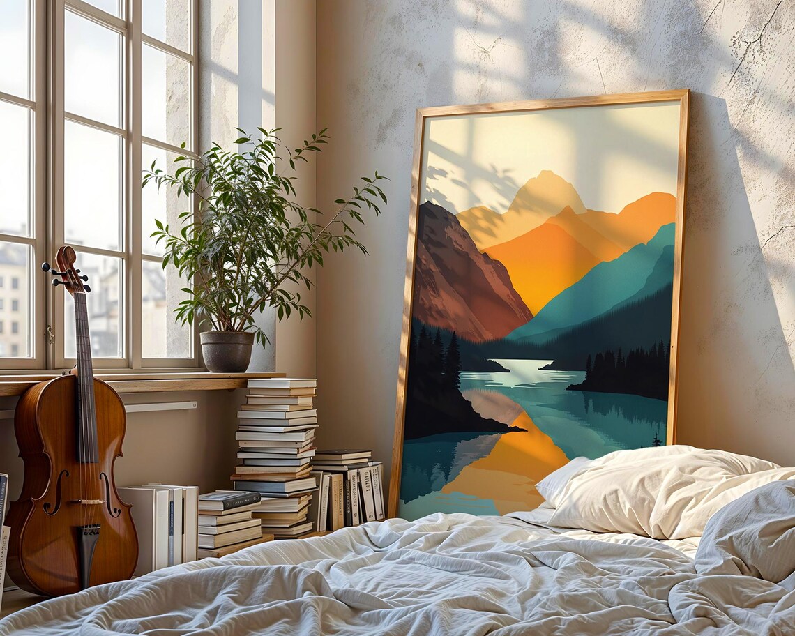 Geometric Mountain Lake Sunset Bold Color Block Modern Poster - Image 4