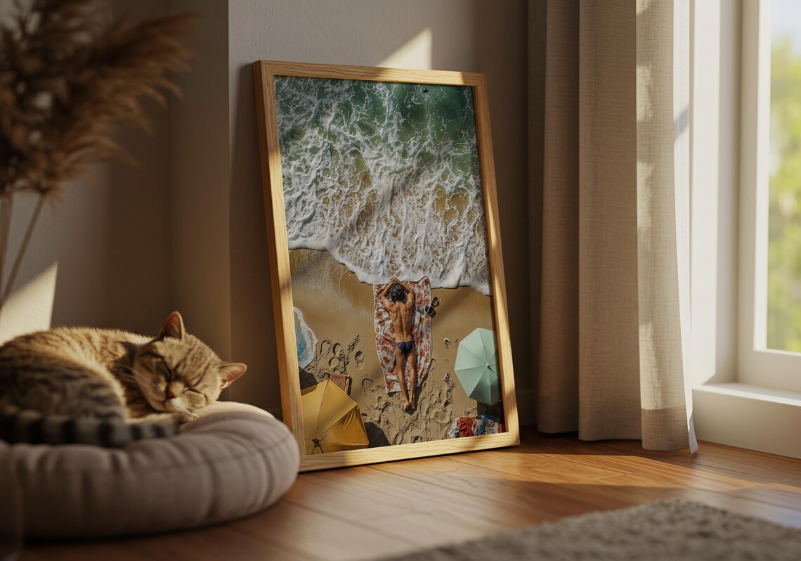 Aerial Beach Sunbather Foamy Surf Golden Summer Ocean Poster - Image 2