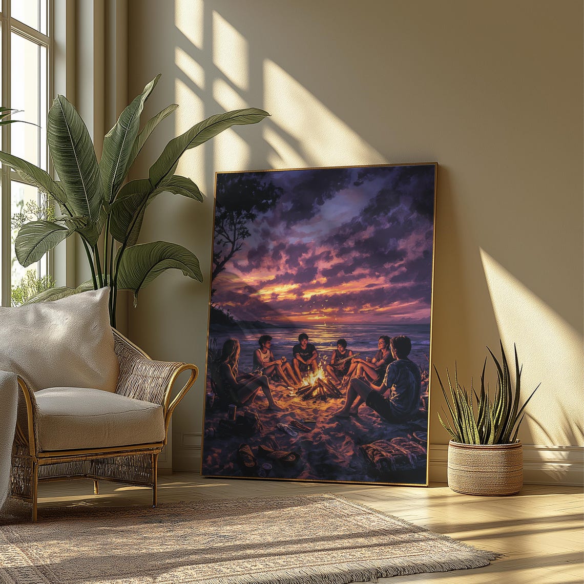 Beach Bonfire Sunset Friends Guitar Summer Night Ocean Art Poster - Image 3