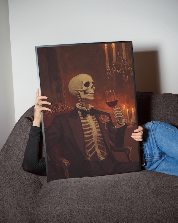 Skeleton Gentleman Tuxedo Raising Wine Glass Candlelight Gothic Humor Wall Art