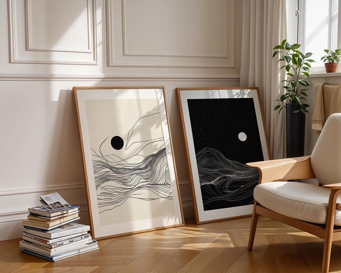 Minimalist Moon Night Line Landscape Abstract Nature Duo Art Print - Image 5