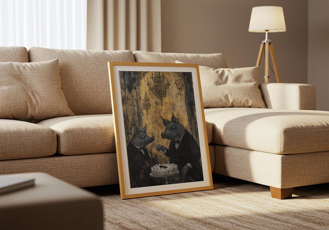 Gentleman Pigs Toasting Wine Suit Cake Gold Vintage Whimsy Poster - Image 5