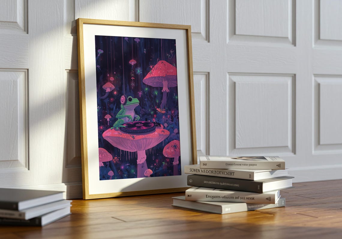 Cheerful DJ Frog Headphones Vinyl Mushroom Forest Neon Poster - Image 3