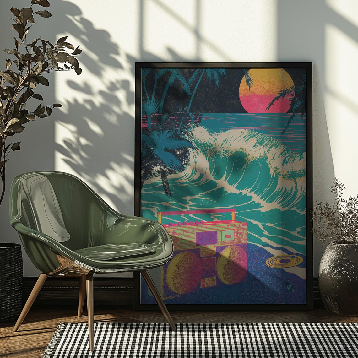 Retro Boombox Tropical Beach Sunset Neon Wave Pop Art Poster - Image 5
