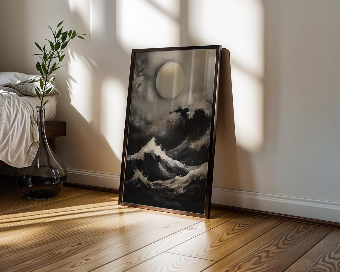 Dramatic Moonlit Ocean Waves Black and White Coastal Art Poster - Image 2