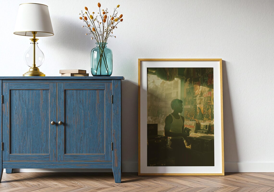 Man Digging Vinyl in Sunlit Record Store Retro Music Shop Cinematic Wall Art - Image 4