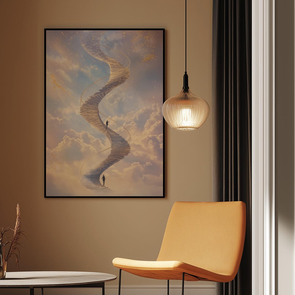 Spiral Staircase Golden Clouds Climbers Dreamlike Ascension Art Poster - Image 2