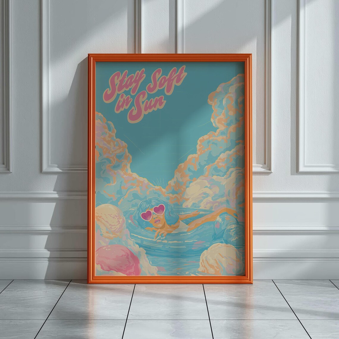 Stay Soft in Sun Retro Pool Girl Heart Sunglasses Teal Waves Summer Wall Art - Image 5