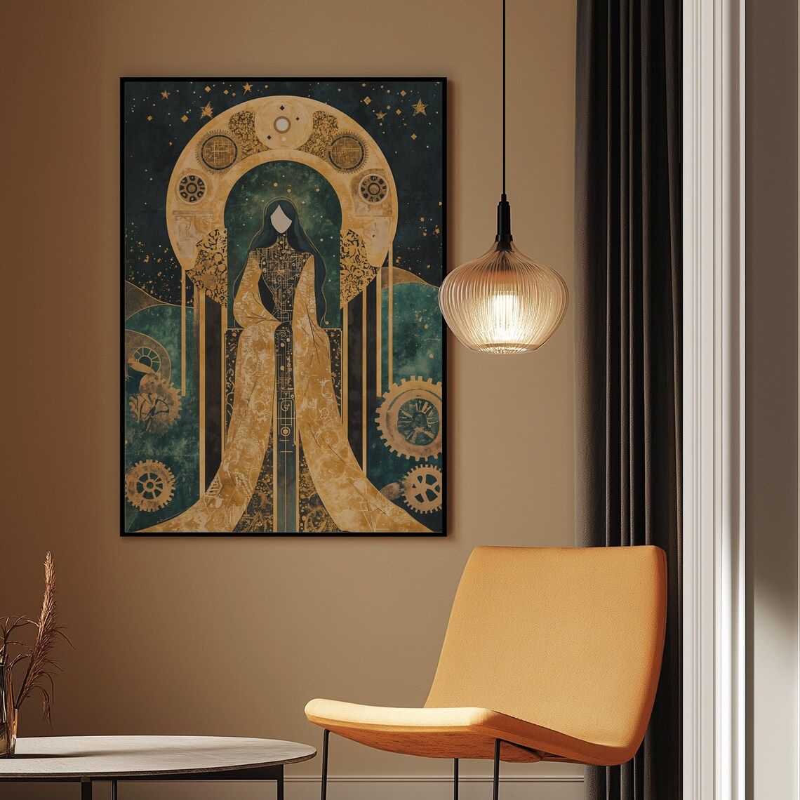 Art Deco Celestial Goddess Art Print Gold Teal Mystical Woman Decor - Image 3