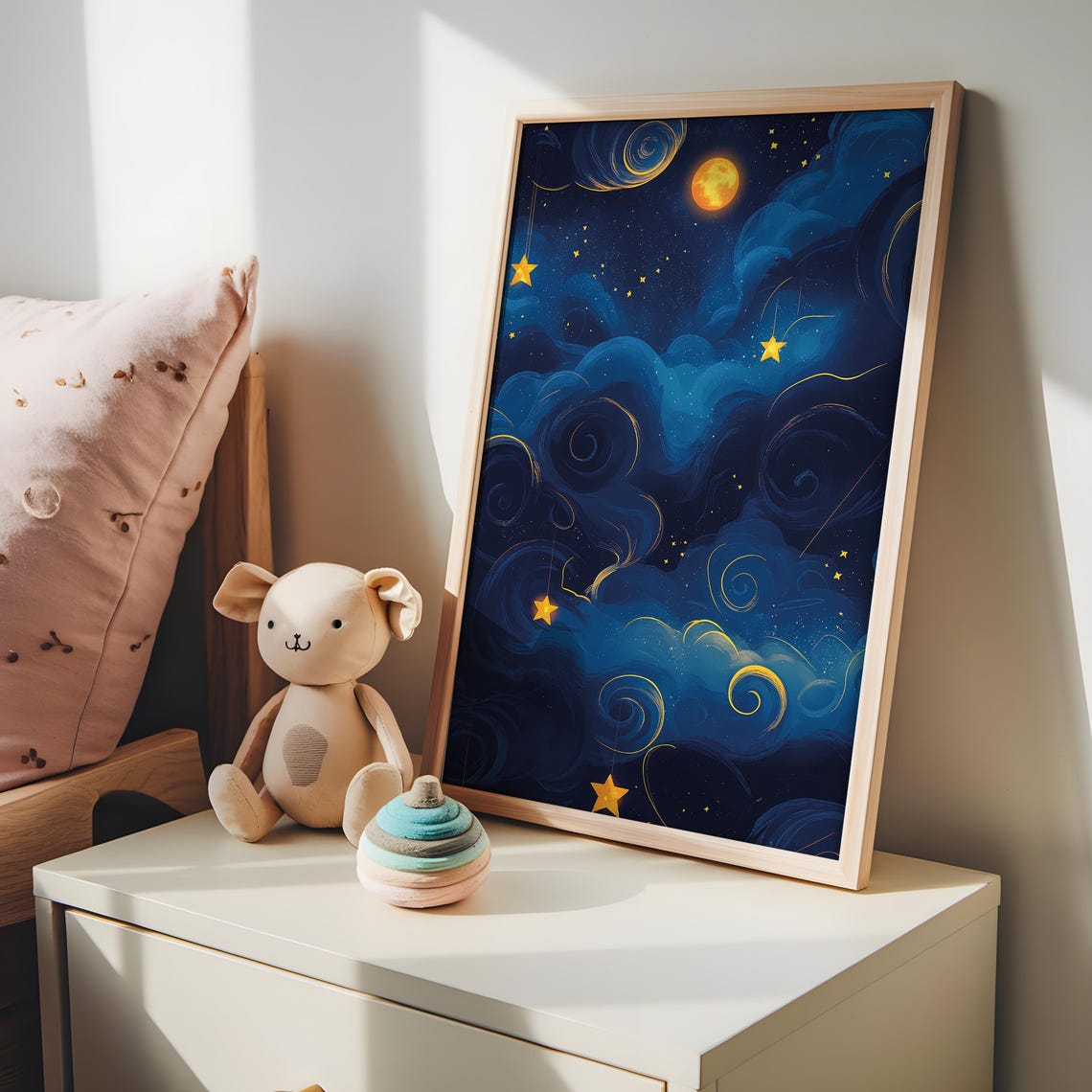 Dreamy Night Sky Hanging Stars Full Moon Whimsical Celestial Poster - Image 3