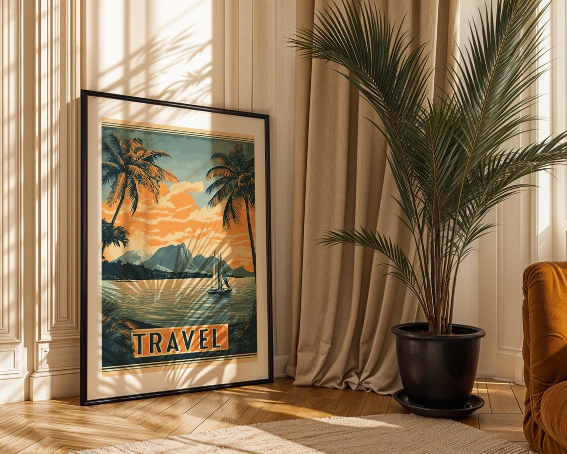 Vintage Travel Tropical Paradise Sunset Sailboat Coastal Art Poster - Image 4