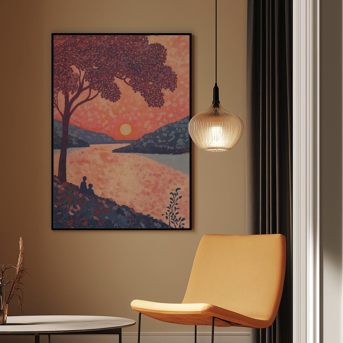 Romantic Sunset River Valley Art Print Couple Under Tree Dotted - Image 4