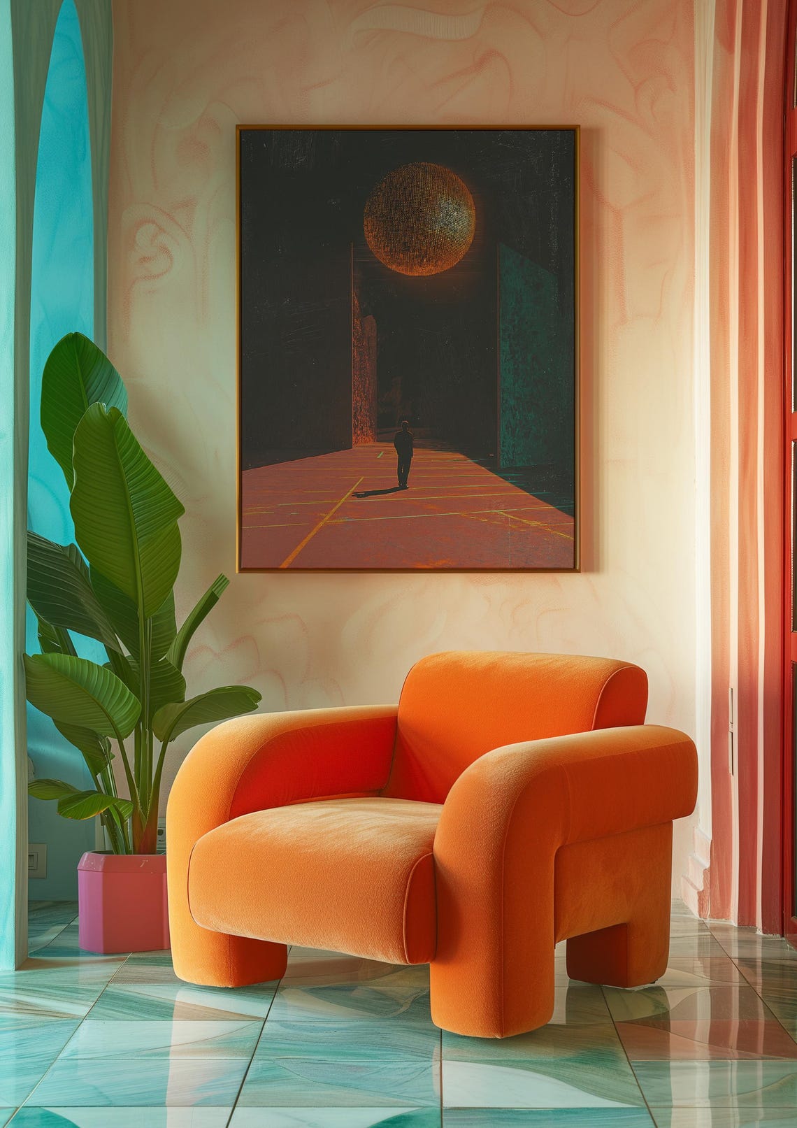 Dark Figure Under Pixelated Orange Moon Liminal Surreal Art Poster - Image 3