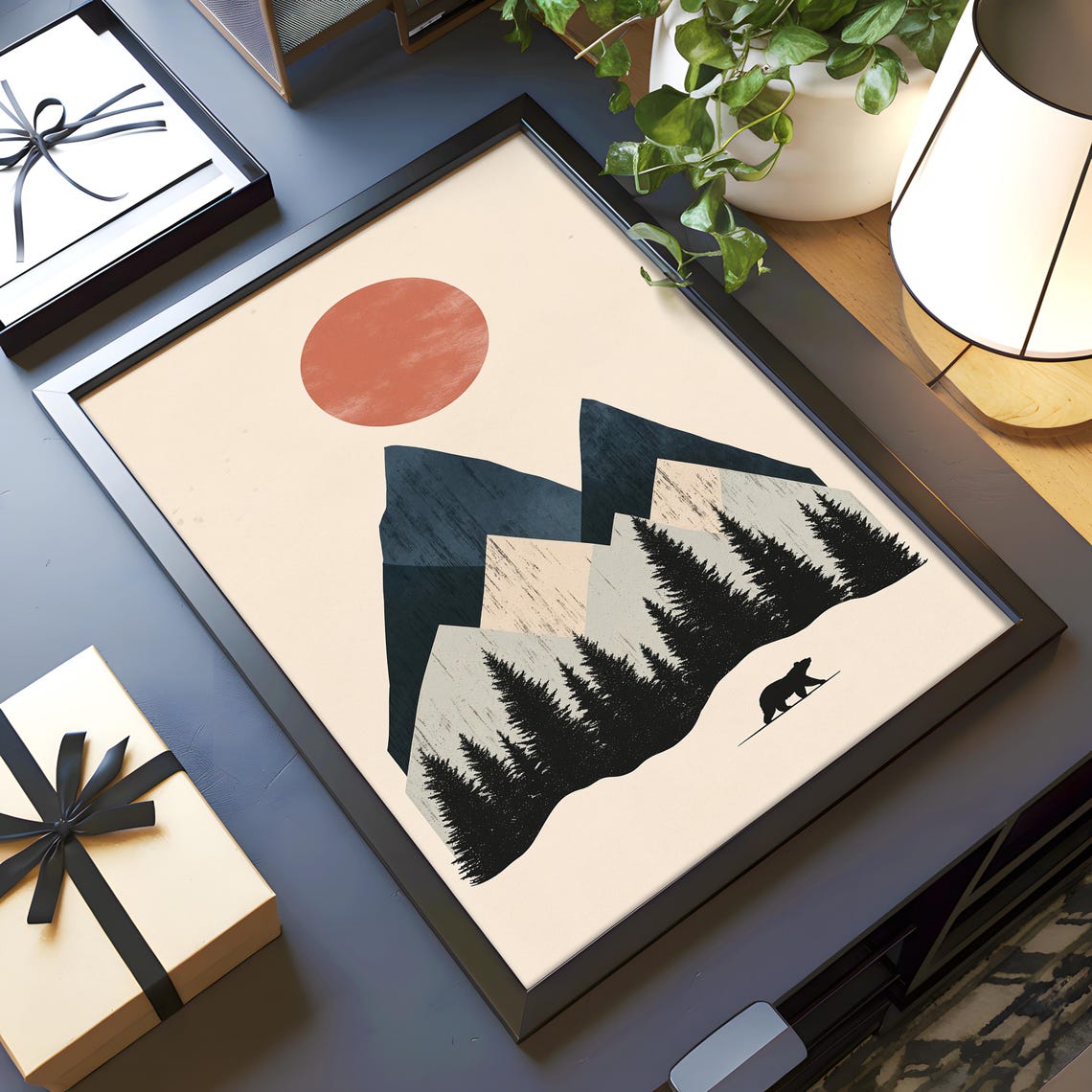 Minimalist Bear Mountain Sunset Geometric Woodland Art Poster - Image 4