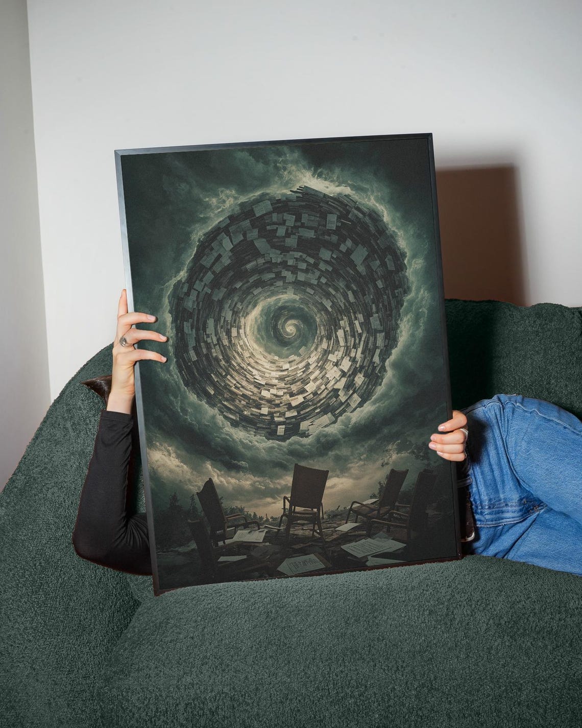 Dark Vortex Whirlwind Paper Pages Stormy Sky Surreal Chaos Art Poster