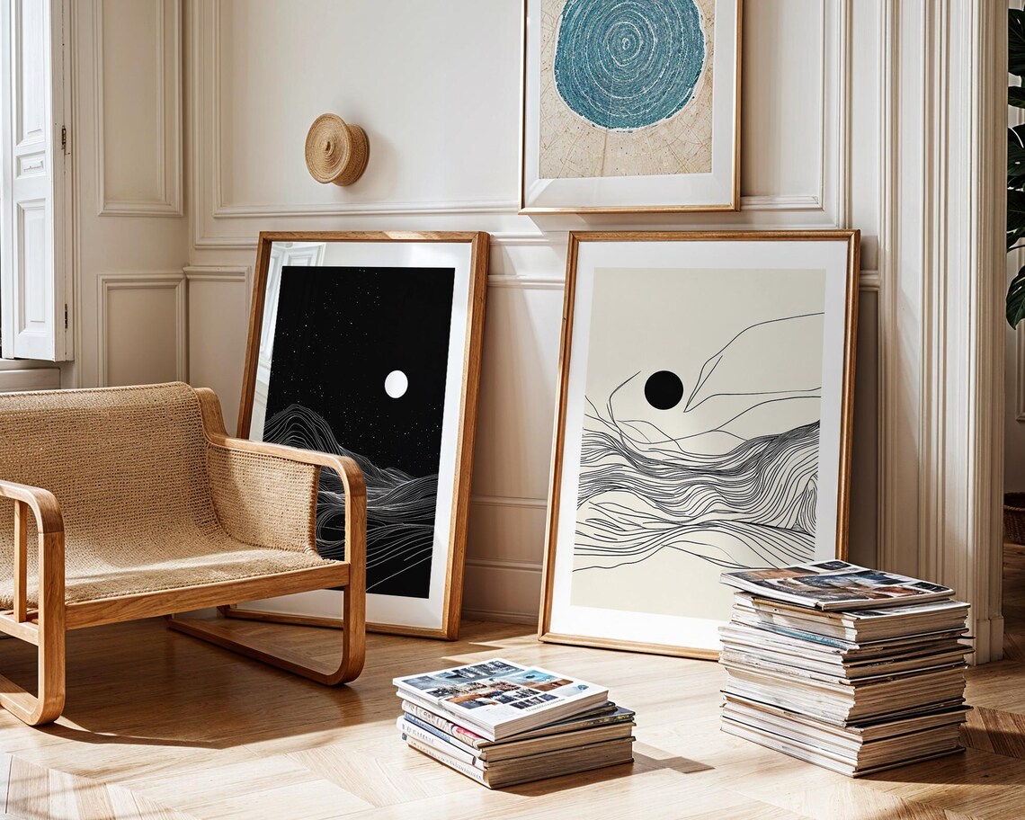 Minimalist Moon Night Line Landscape Abstract Nature Duo Art Print - Image 3