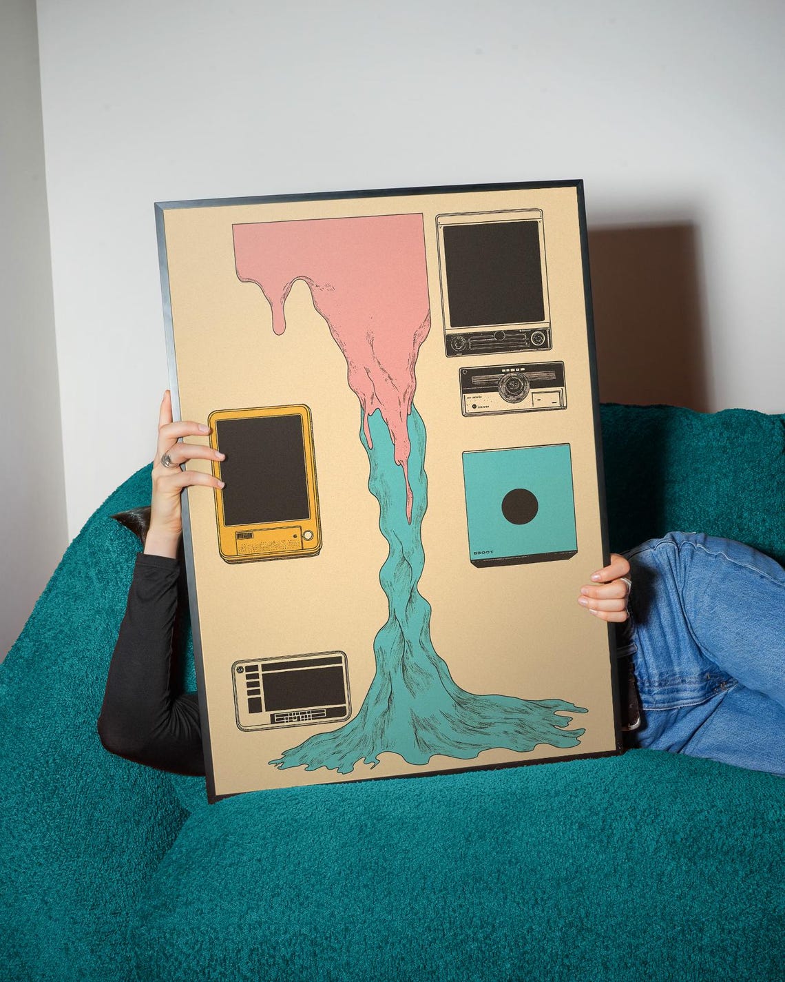 Retro Tech Collage Vintage Computers Paint Drip Fun Wall Poster