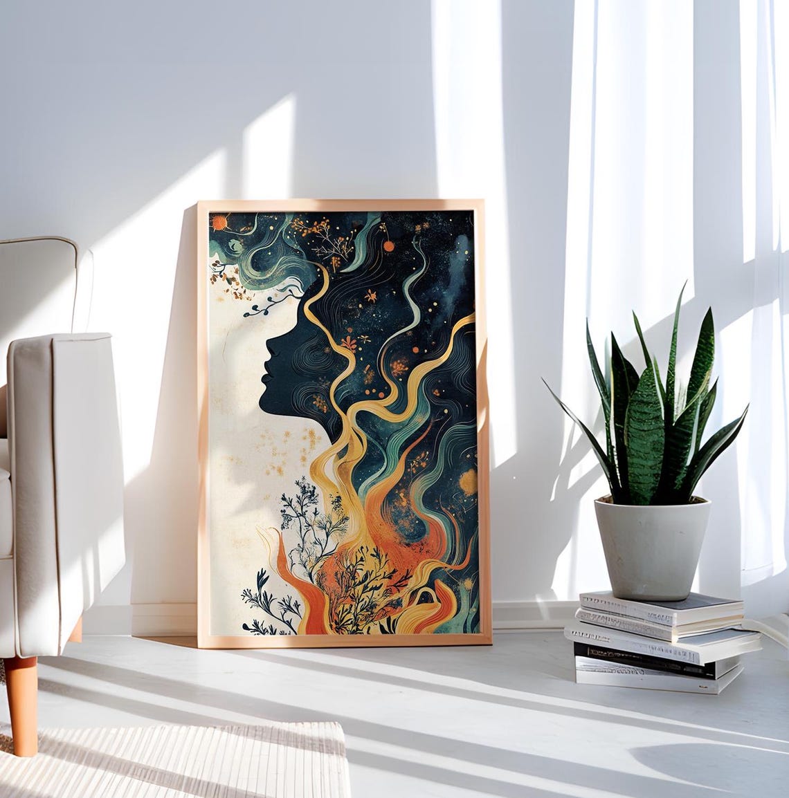 Woman Profile Silhouette Art Print Flowing Teal Gold Waves Decor