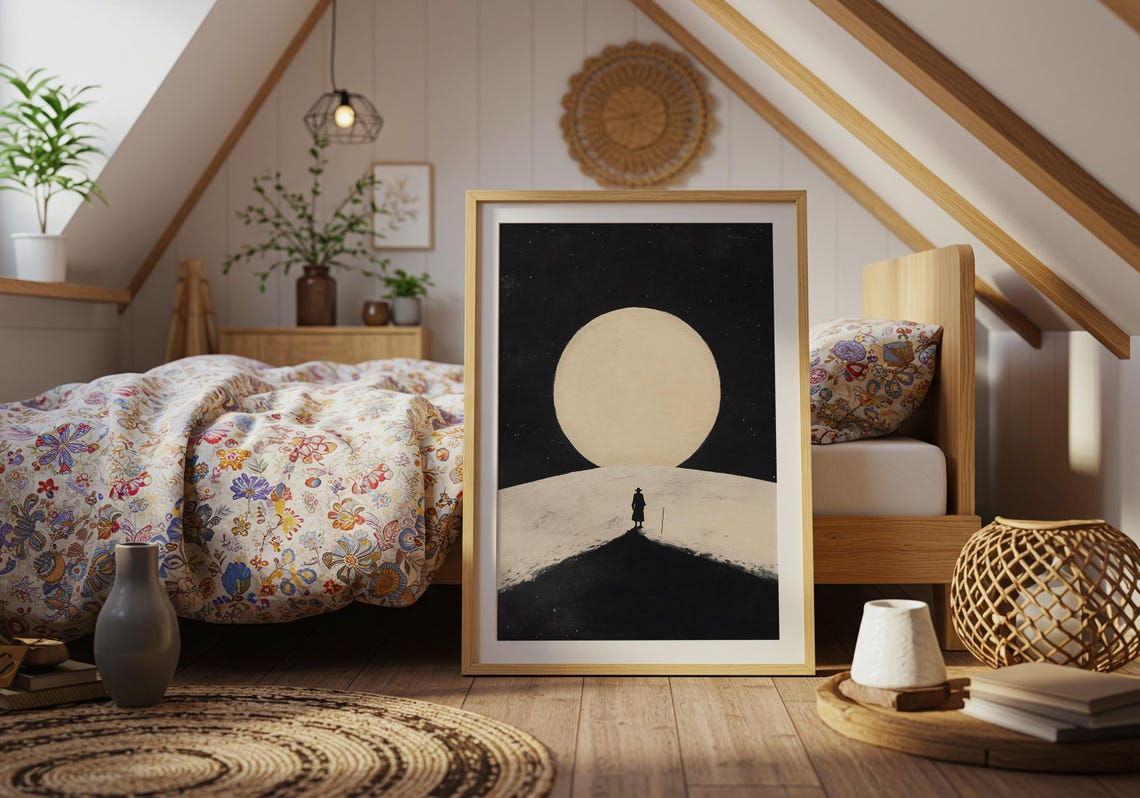 Lone Traveler Giant Moon Night Minimalist Snowy Hill Silhouette Poster - Image 4