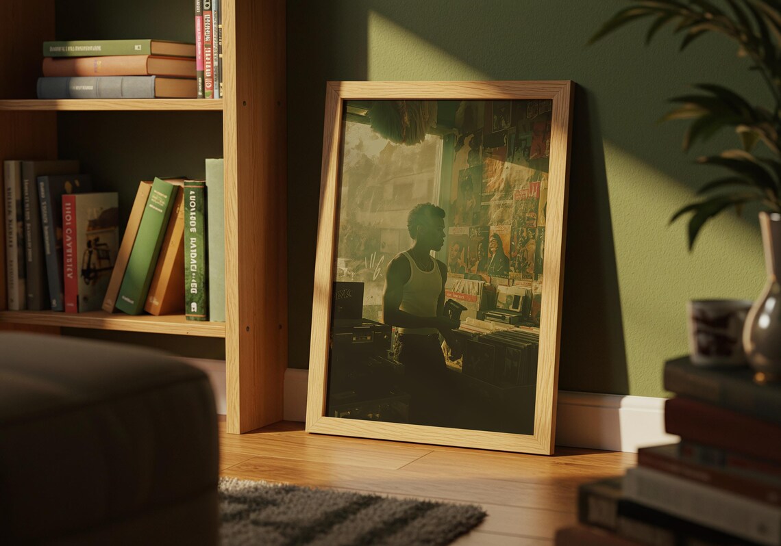 Man Digging Vinyl in Sunlit Record Store Retro Music Shop Cinematic Wall Art - Image 5