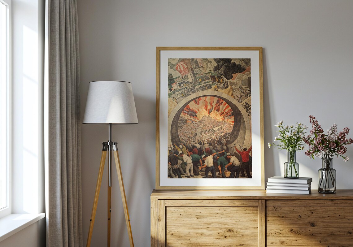 Industrial Workers Revolution Mural Style Labor Crowd Rising Sun Vintage Wall Art - Image 3