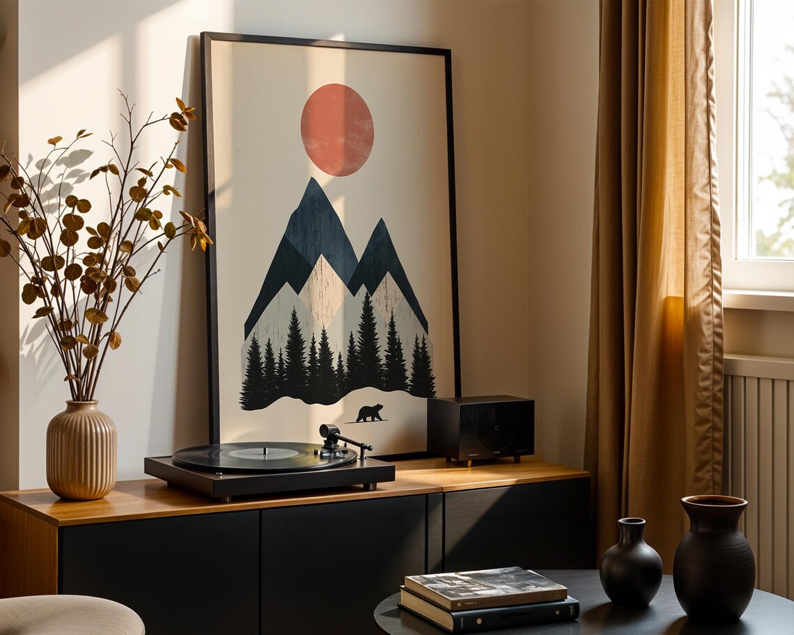 Minimalist Bear Mountain Sunset Geometric Woodland Art Poster - Image 2