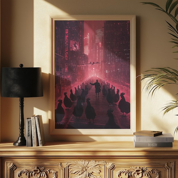 Urban Noir Rooster Parade Dark Red Cyberpunk Street Surreal Poster