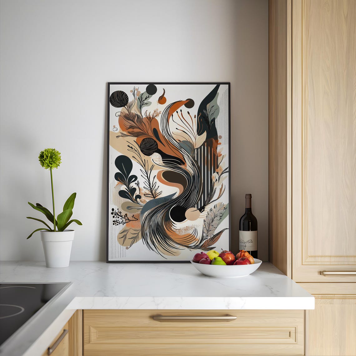 Orange Black Organic Swirl Botanical Flowing Abstract Art Poster