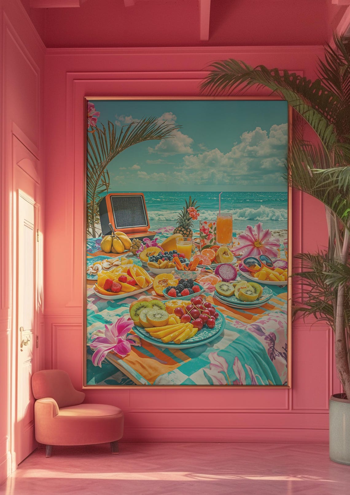 Tropical Beach Picnic Fruit Feast Retro Boombox Summer Art Poster - Image 5