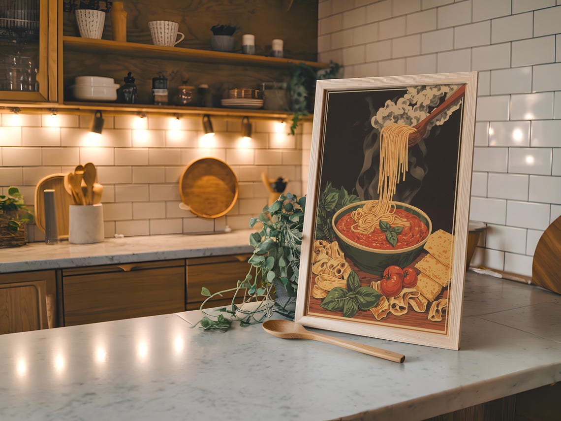 Vintage Pasta Art Print Italian Kitchen Decor Rustic Spaghetti Tomato Illustration - Image 3